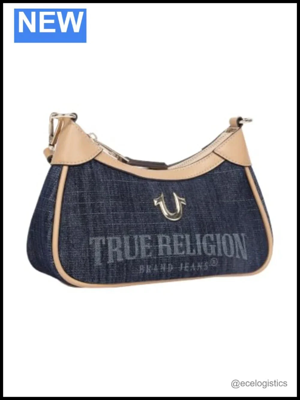 True Religion Logo Mini Shoulder Bag with Detachable Strap, Premium Denim and PU